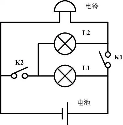 现有一节电池,2个灯l1,l2,1个电铃d 画电路图