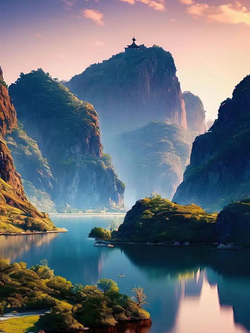 山川美景朝霞下的大自然风景古风插画15