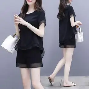 2021套装新款女装夏季时尚上衣小个子雪韩短裤纺两件套版短袖休闲