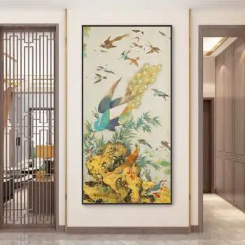 百鸟朝凤挂画百鸟朝凤图玄关过道走廊尽头墙竖版新中式挂画凤凰入户