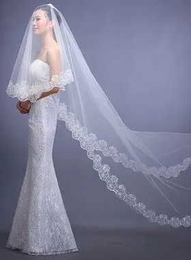 新款特价 花边长新娘结婚头纱婚纱头纱亮片蕾丝白色礼服配饰