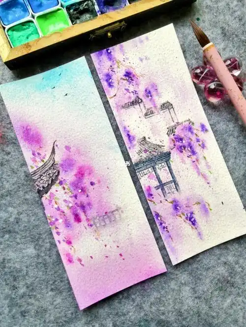 水彩紫藤古风书签