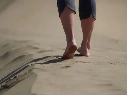 赤脚,年轻,脚,美女,走,海滩,日出