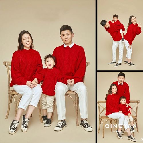 儿童摄影服装影楼全家福高端拍照亲子装新年喜庆红色麻花针织毛衣