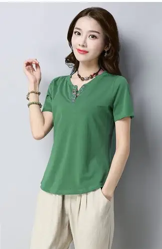 服饰内衣 女装 女士t恤 > 汤河店 2019夏季新款t恤女短袖刺绣v领半袖