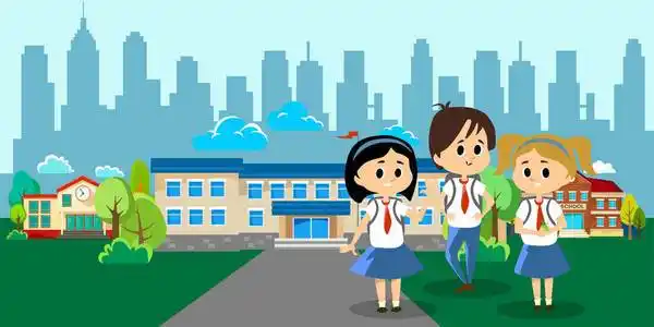 考上回到学校概念为旗帜,孩子站在附近学校建筑和快乐教育年,初学生背