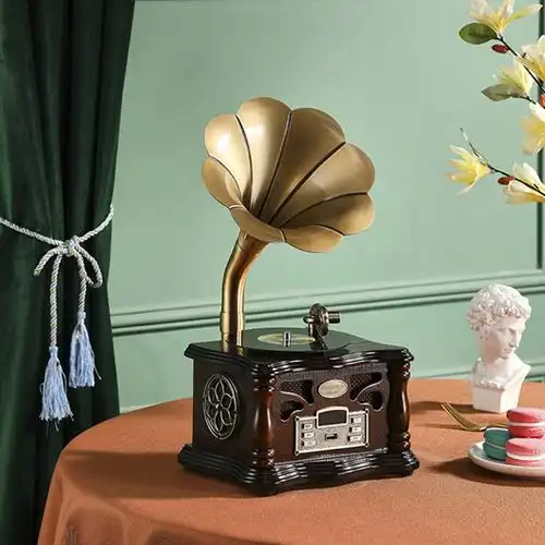 室客厅装饰品大喇叭电唱机蓝牙音响摆设 胡桃色【不可播放黑胶唱片】