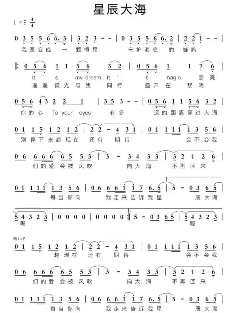 《星辰大海》简谱 钢琴谱 98一望无际的大海上面繁星点点 	 .