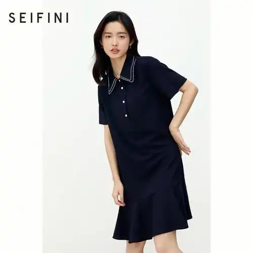 诗凡黎藏青色显瘦连衣裙209好划算哟