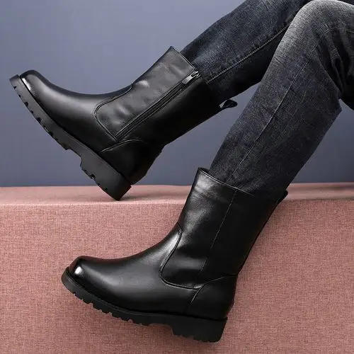 2021男士真皮中筒消防马靴牛皮高筒靴皮毛一体男靴羊毛棉靴单靴47-图2