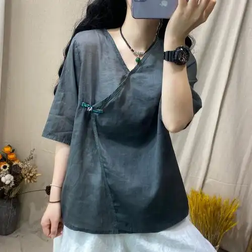 上衣女苎麻扣文艺领一粒夏季新款宽松v开衫衬衫2021复古纯色中式