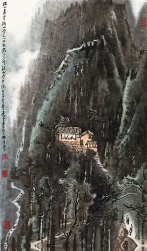 lot 646李可染(1907-1989)  满山青翠拥山堂镜心 设色纸本1987年作