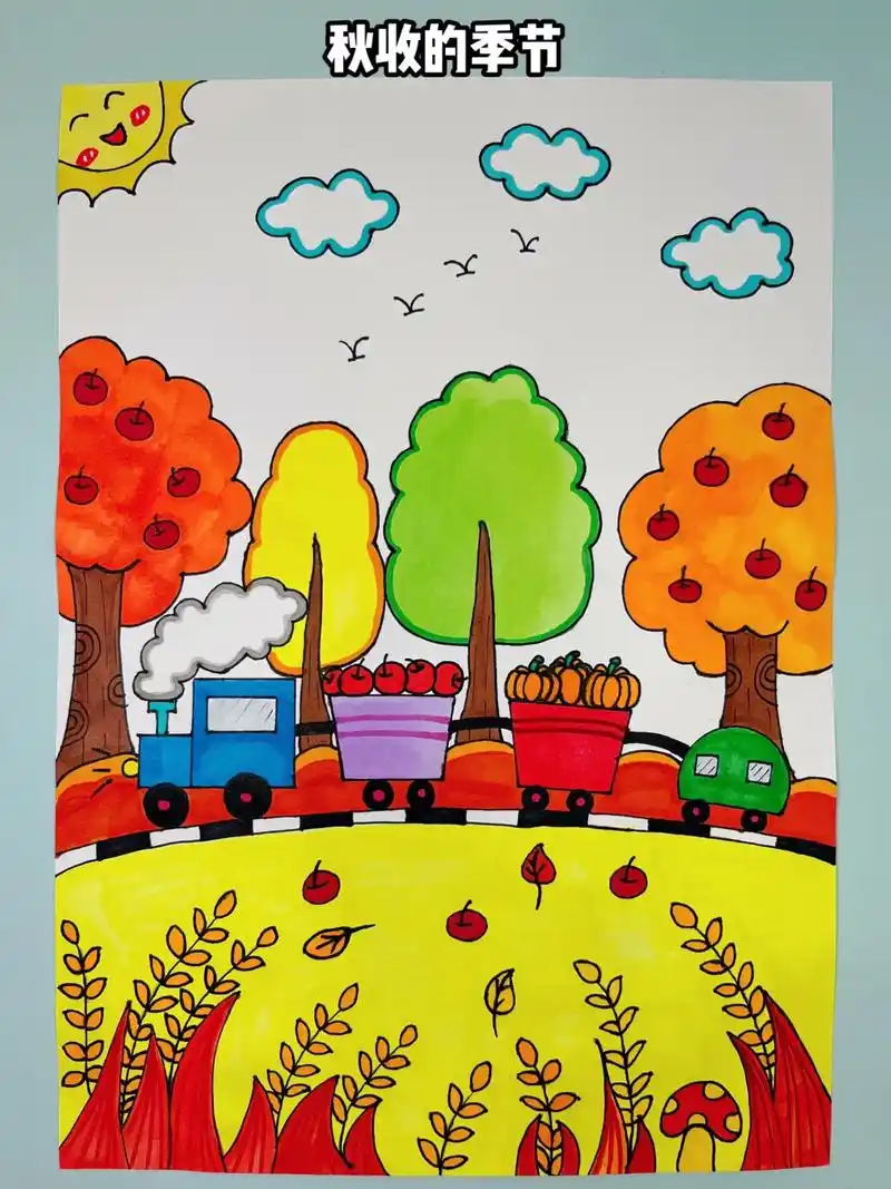 用图形和线条就能画一幅秋天的风景画,简单又有趣, - 抖音