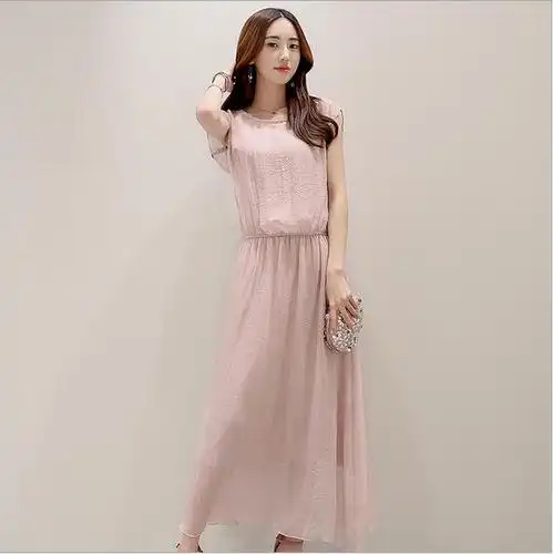 偶龙夏季新款圆领无袖松紧腰修身显瘦飘逸中长裙超薄透视绉雪纺连衣裙