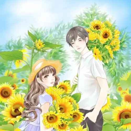 向日葵花海浪漫之恋_卡通情侣头像图片_扣扣居