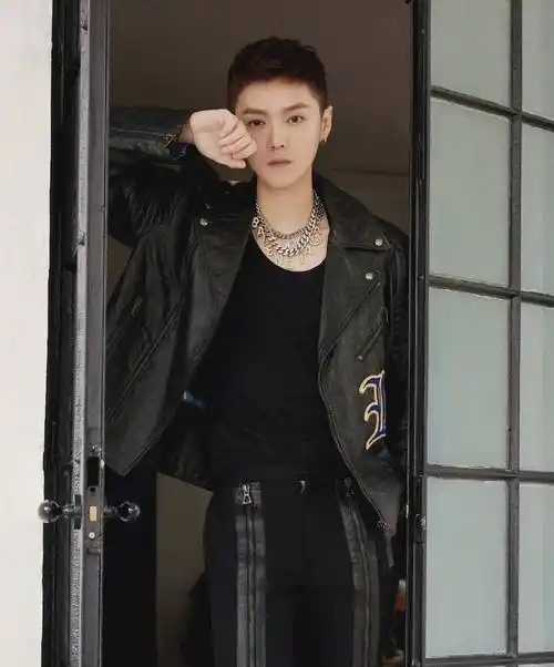 结束语鹿晗天生五官精致,脸型偏小,但是穿上皮衣留寸头后却帅气加倍