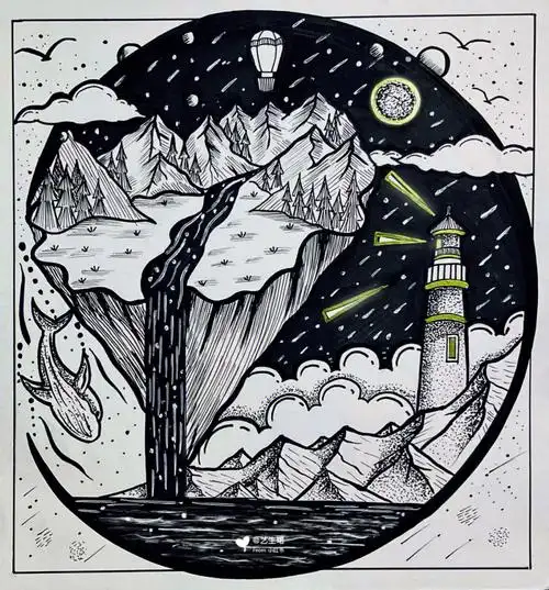 黑白风景画超治愈线描8100针管笔手绘