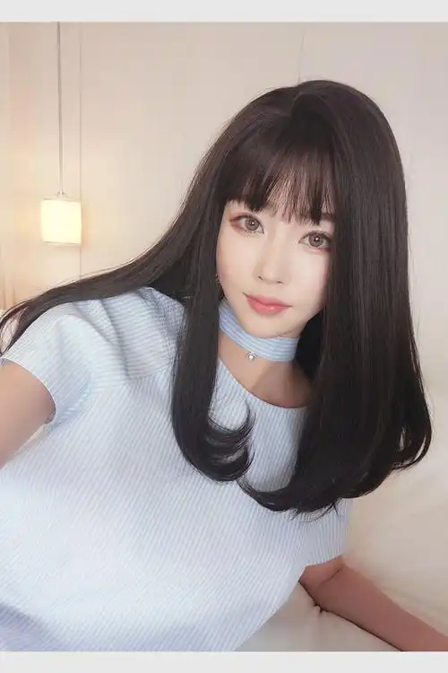 假发女 长直发梨花头空气齐刘海内扣中分时尚自然逼真微卷假发套