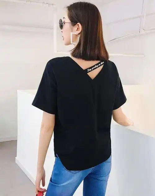 米莱达简约百搭纯色v领上衣2018夏新品后背镂空潮流bf风短袖t恤女