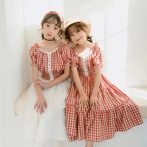 姐妹装女儿童格子连衣裙清新过膝长裙中大女童闺蜜短袖半身裙套装