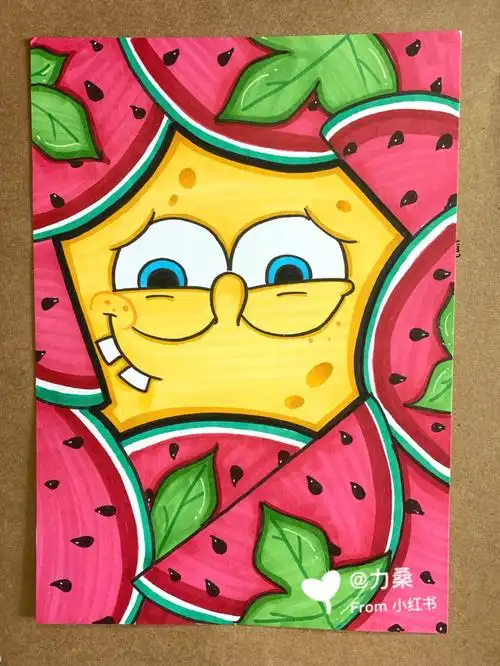 海绵宝宝儿童画马克笔上色西瓜