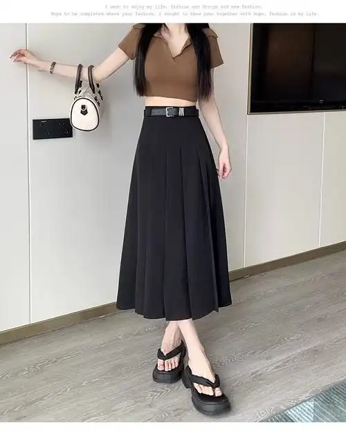 灰色百褶裙长款女小个子半身裙春秋高腰伞裙中长款西装a字裙显高 - 17