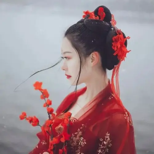 红花红衣古装美女图片