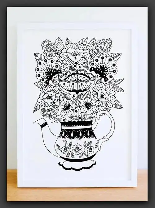 而在wensdi的插画作品里,只有黑白的线条,与鸟,与花瓶组合在一起的