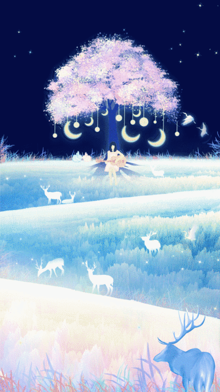 夜晚蓝色星空下流星划过,少女坐在挂着装饰品的许愿树下弹吉他图片