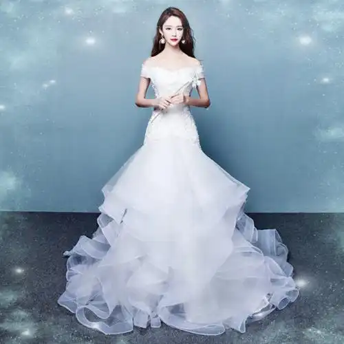 婚纱韩版2021新款性感一字肩修身显瘦气质白色小拖尾收腰新娘礼服