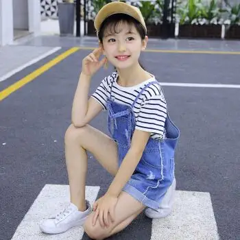 4-14岁女童小女孩短袖套装夏天衣服夏季t恤打底衫条纹上衣背带牛仔裤