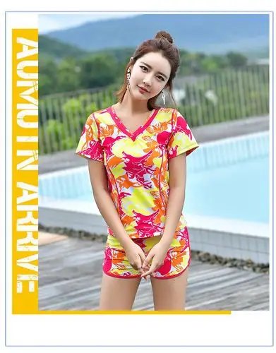 2018新款女式游泳衣女保守遮肚显瘦带袖分体平角两件套温泉游泳装