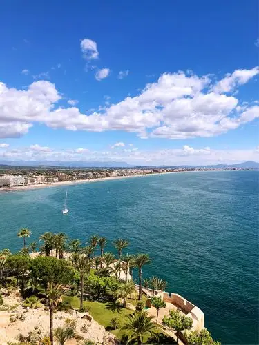 沙滩,海湾,棕榈树,碧蓝的海水,蔚蓝的天空,微风吹拂,地中海美丽的景色