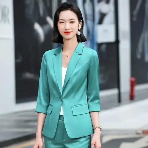 青色醋酸西装套装女高端时尚气质工作服夏季新款上班面试职业装