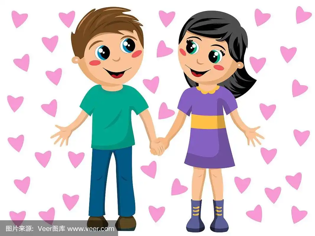 小女孩和男孩手牵手背景下的心孤立在白色