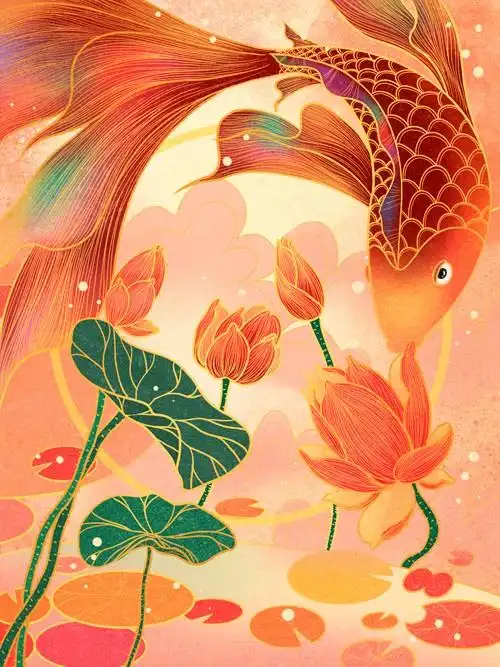 彩色手绘锦鲤国潮插画素材