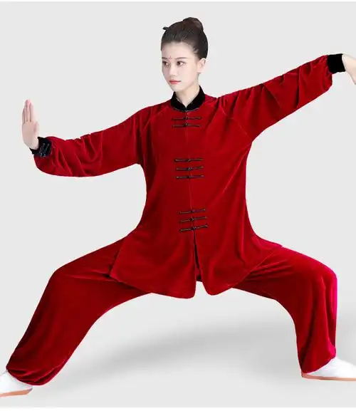 服女2021秋冬季武术表演服金丝绒保暖太极拳练功服男加厚黑包金领s