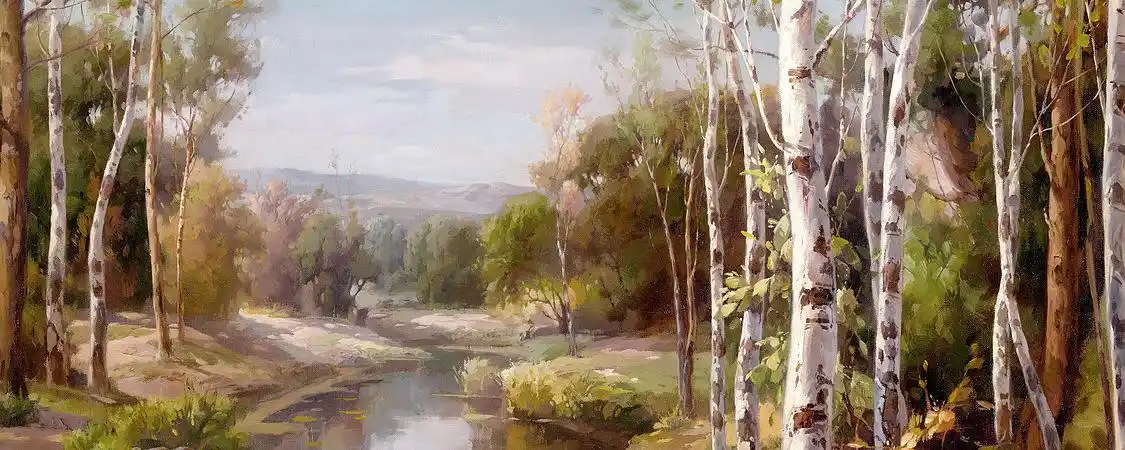 横幅白桦树风景油画
