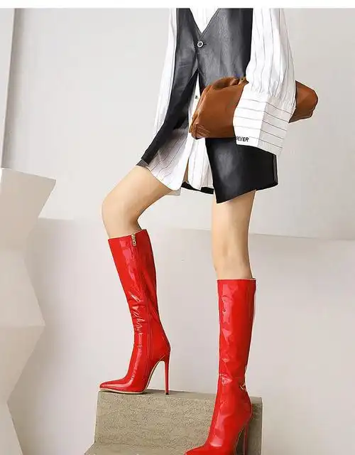 靴欧美性感超夜店鞋侧拉链尖头漆皮细过膝长筒女靴靴子女装的鞋长靴