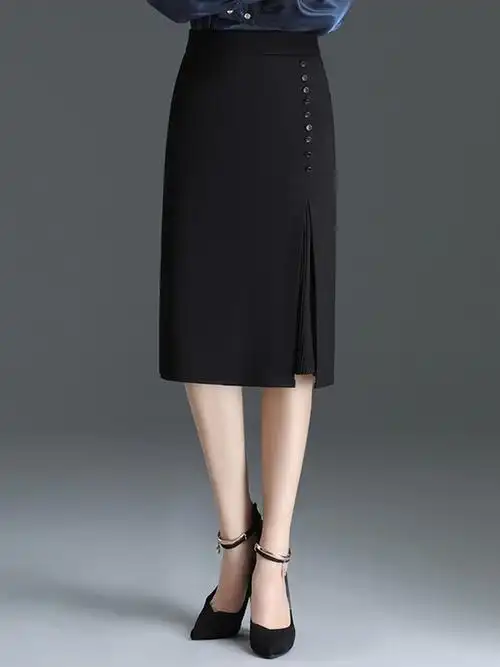 茜丝格尔一步裙半身裙高腰开叉黑色包臀裙-kathy潮流种草