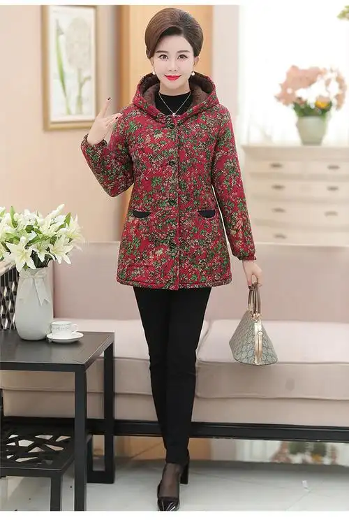 中老年女秋冬装民族风棉麻加绒加厚短款棉衣妈妈连帽棉袄花色外套