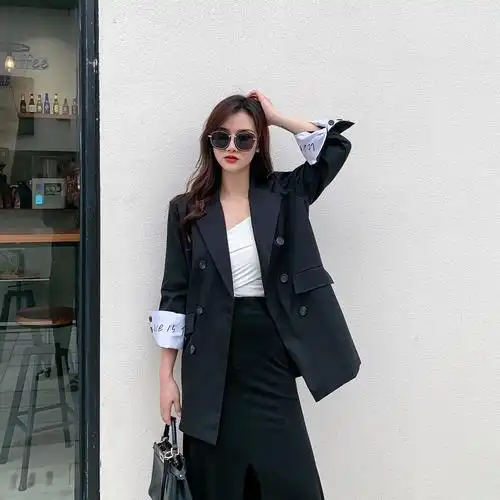 实拍chic网红小西装外套女2019初秋新款韩版宽松英伦风西服女上衣