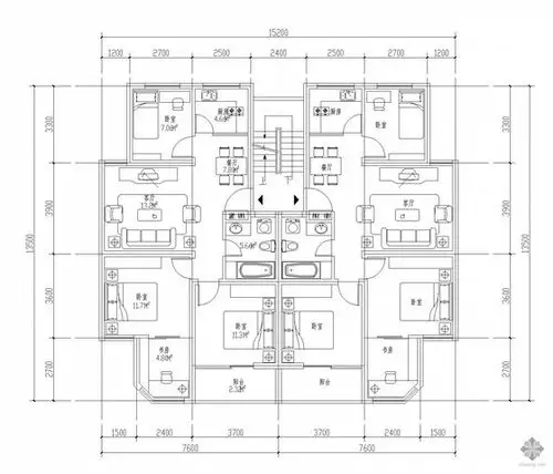 [分享]小区住宅一梯两户户型图资料下载