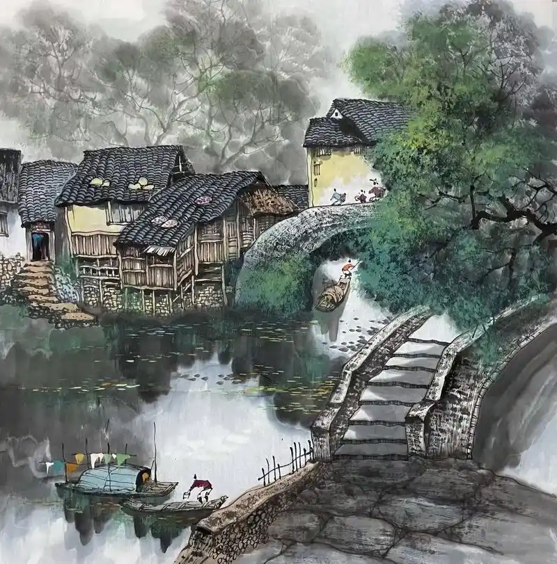 纯手绘画四尺斗方江南水乡风情图68x68cm