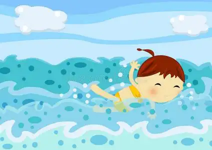 游泳的小女孩可爱的小女孩在海浪中游泳照片