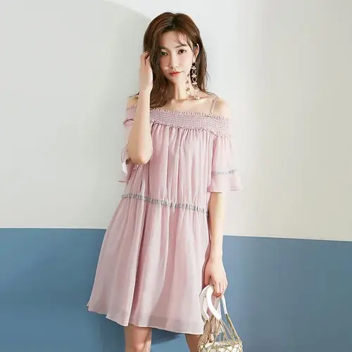 吊带一字肩甜美公主裙女2018夏季新款宽松连衣裙减龄清新中长裙子