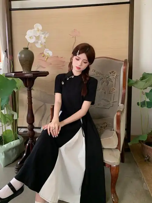 实拍现货# 145小矮个子新中式改良连衣裙旗袍女收腰茶歇a字中长款