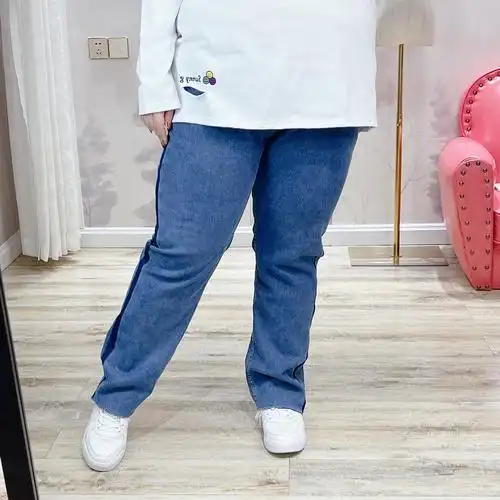 胖莹莹大码女装胖mm秋冬韩百搭休闲加肥260斤加绒毛边撞色牛仔裤