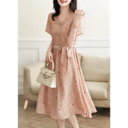 桑蚕丝连衣裙女夏季轻熟风收腰显瘦减龄温柔印花气质v领a字中长裙