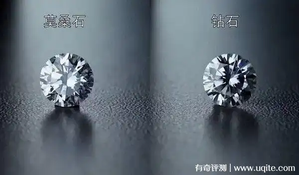 莫桑石整体不如钻石通透,清澈,有明显奶白色.